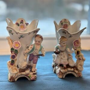 Vintage Ucagco Ceramics Figurine Vases Set, Girl & Boy with Duck
